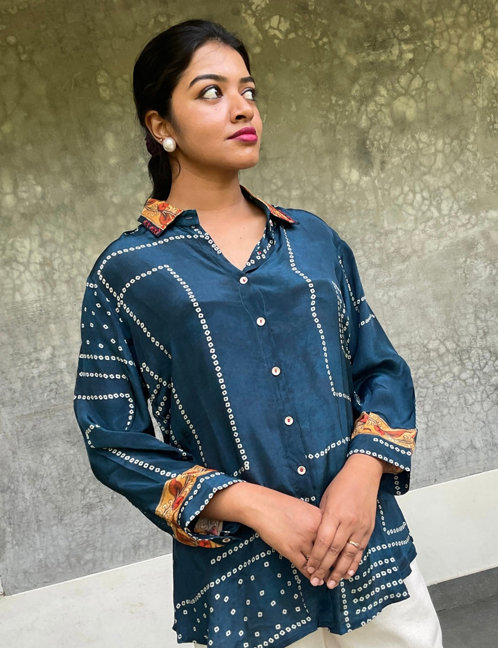 Bandhini Printed Semi Crepe Silk Shirt – Teal Blue