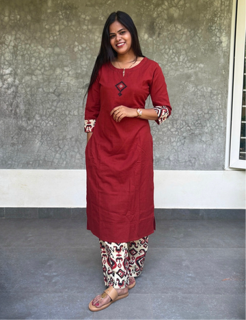 Budget Friendly Cotton Casual Wear Kurta set with Ikat Bottom - Rust Brown