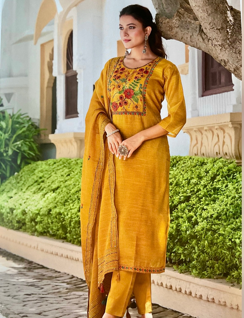 Floral French Knotted Supernet Cotton Unstitched Salwar - Mustard Yellow