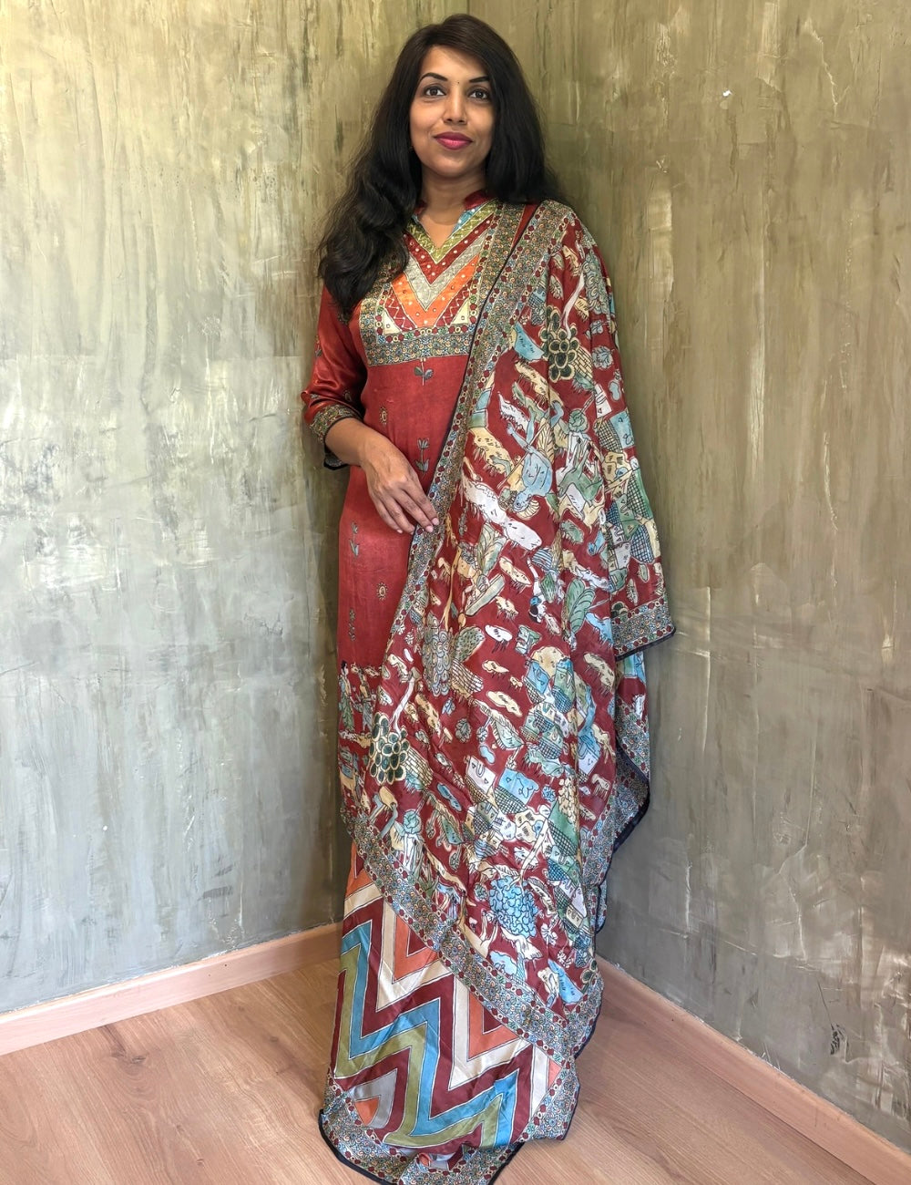 Gajji Silk Designer Kurta Set with Beautiful Village Themed Organza Dupatta - Brown