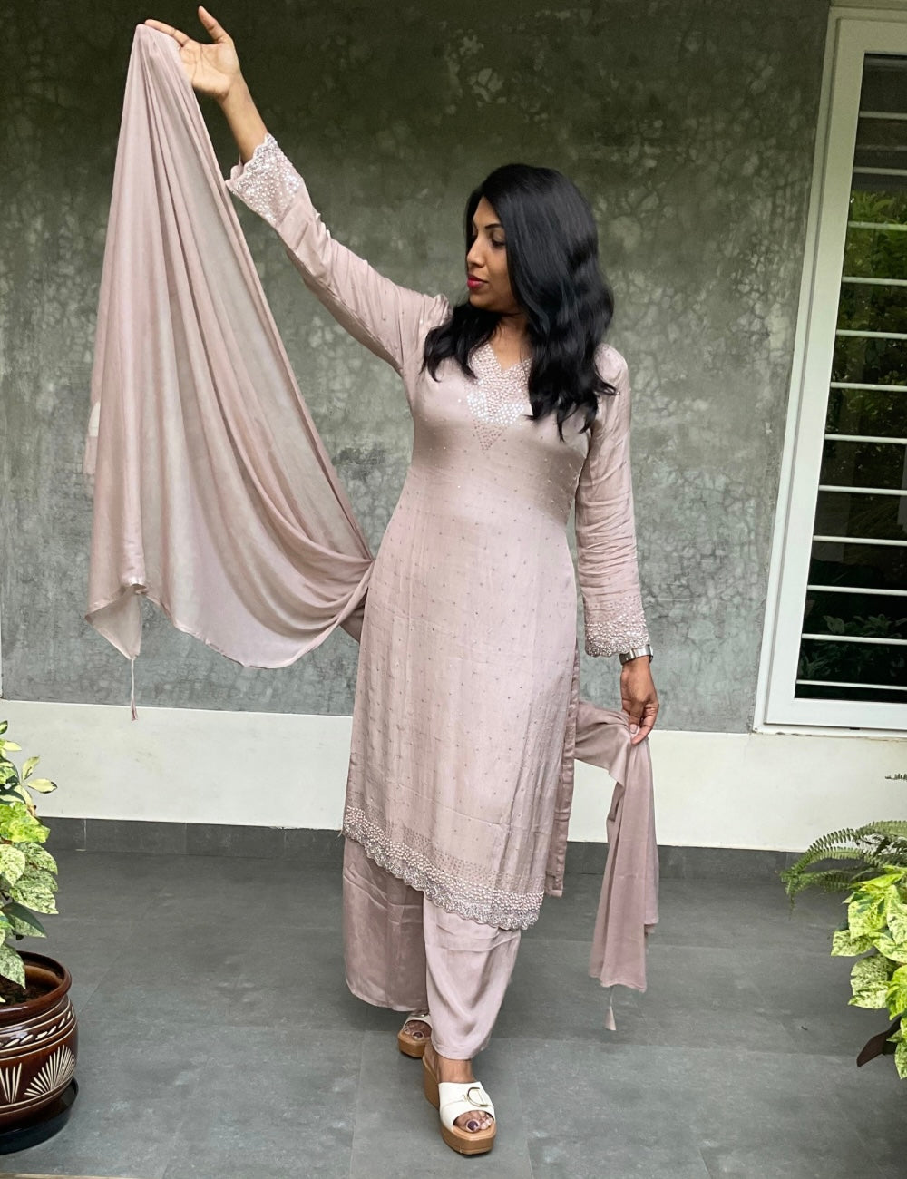 Chinon Designer Kurta Set - Light Beige