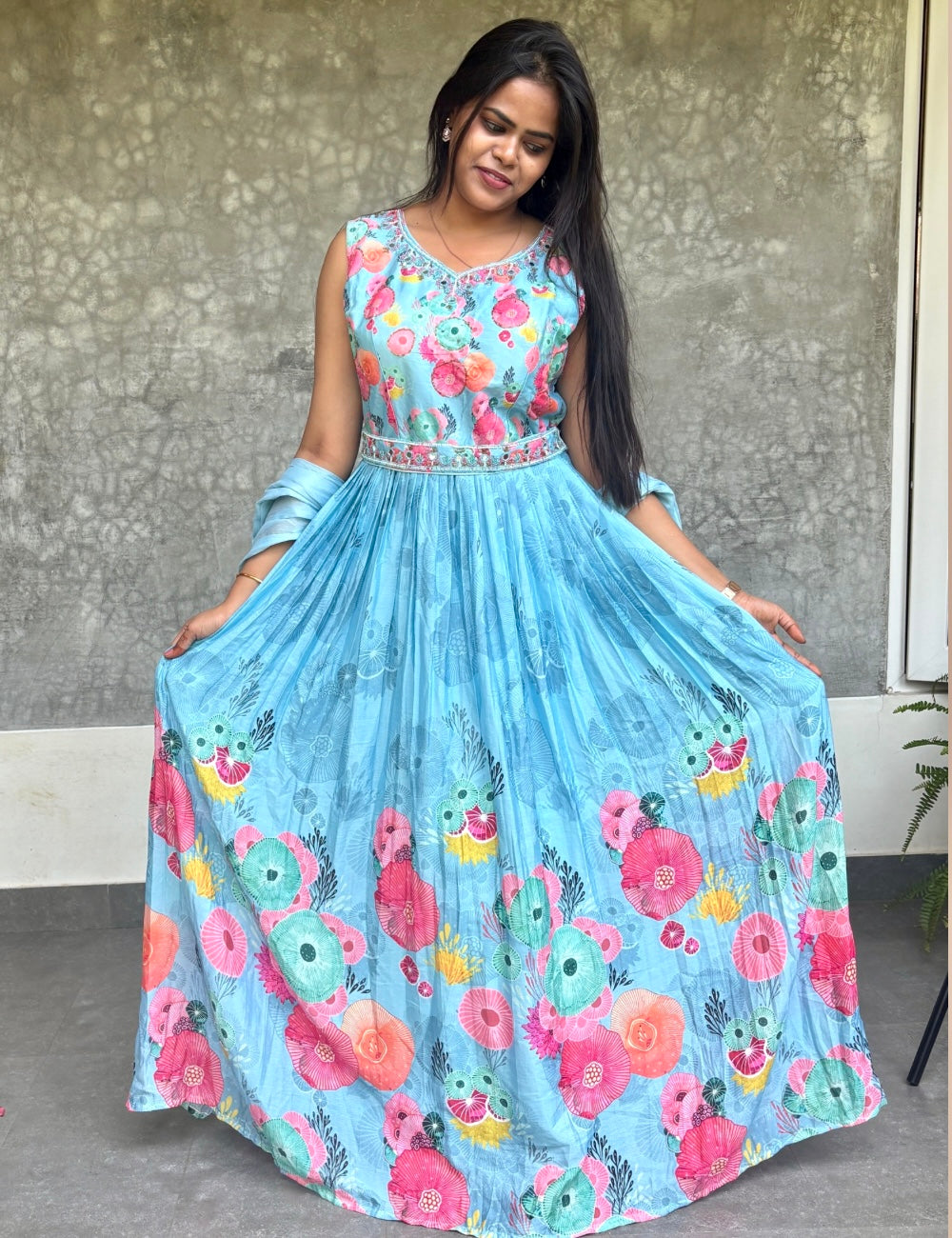 Floral Printed Anarkali Designer Maxi Kurta Set with Chiffon Dupatta - Blue