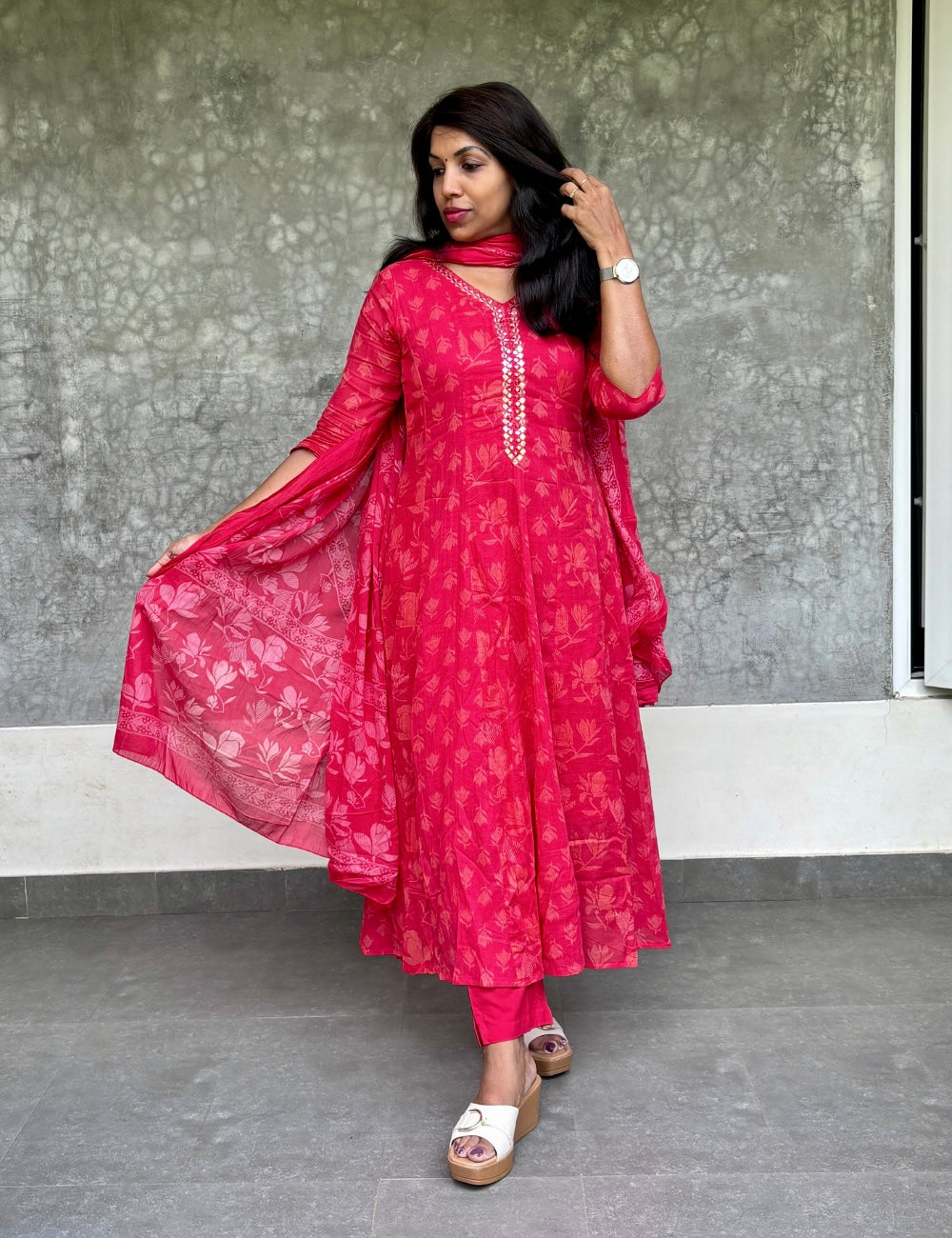 Mul Mul Cotton A-line Printed Kurta Set - Red