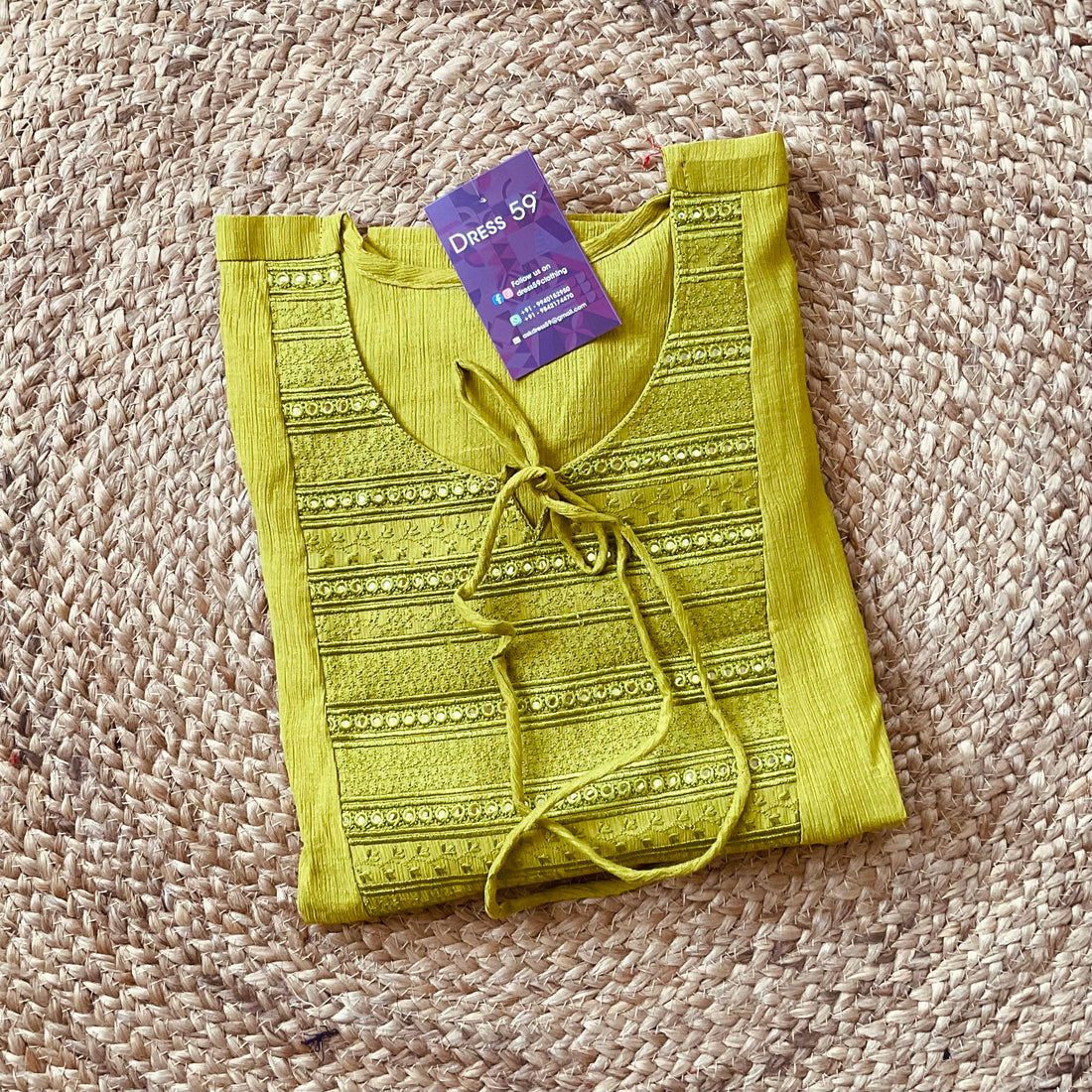 Jute Silk Straight Cut Kurta with Foil Mirror Work - Olive Green
