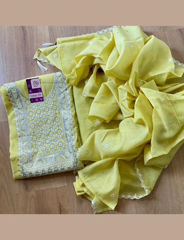 Designer Muslin Silk Unstitched Salwar - Lemon Yellow