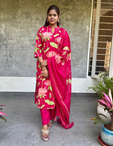 Floral Printed Cotton Angrakha Pattern Kurta Set - Reddish Pink