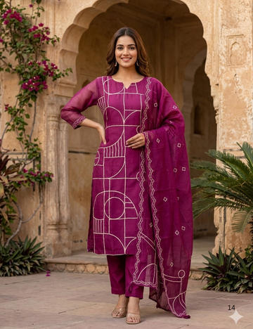 Linen Chanderi Geometric Embroidered Designer Kurta Set - Magenta