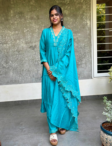Muslin Silk Aline Designer Kurta Set with Cutwork Dupatta - Rama Blue