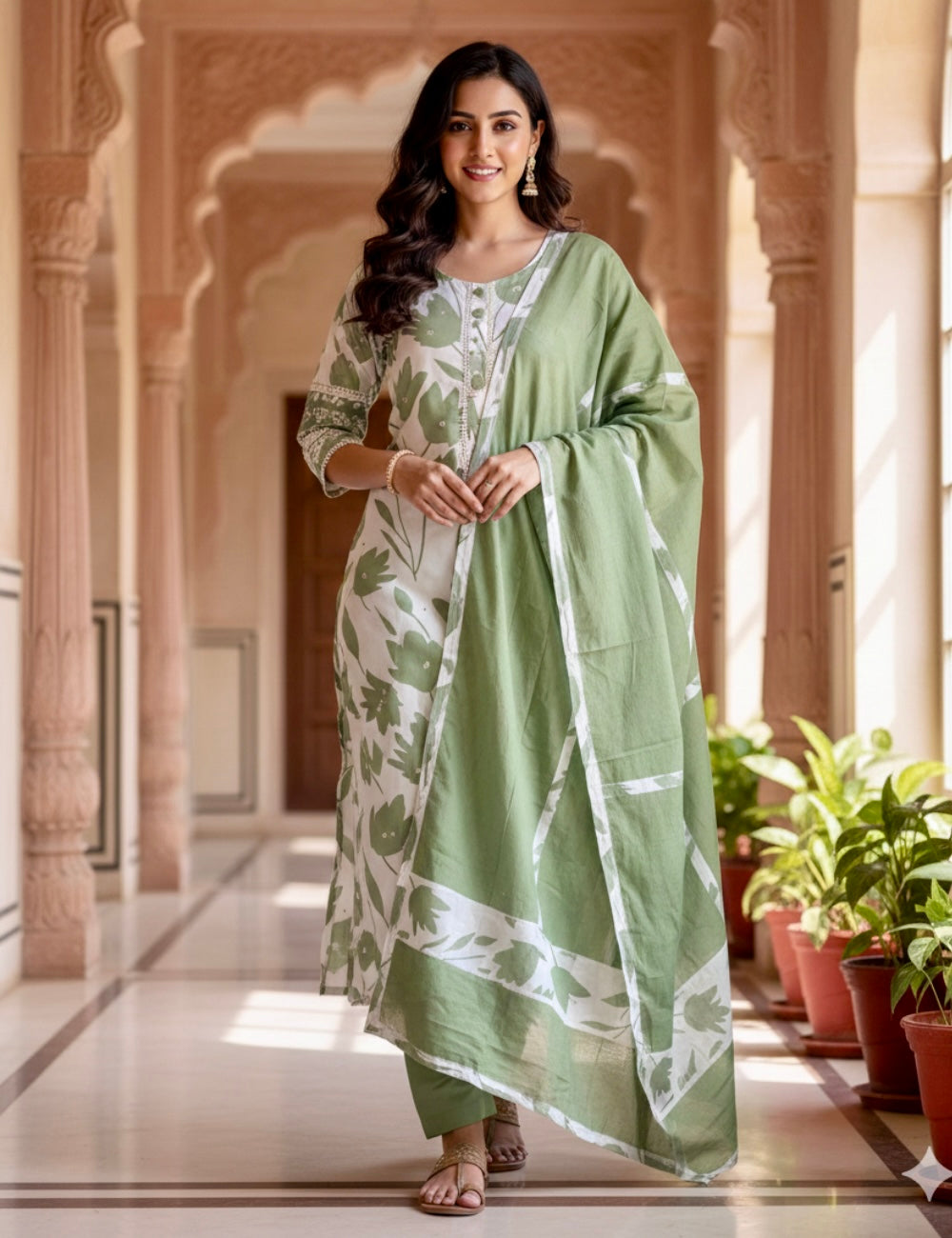 Floral Printed Rayon Cotton Unstitched Salwar - White