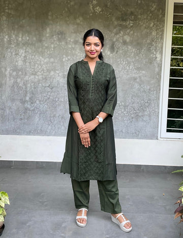 Soft Cotton Silk Co-Ord Set with Hakoba Detailing – Olive Green