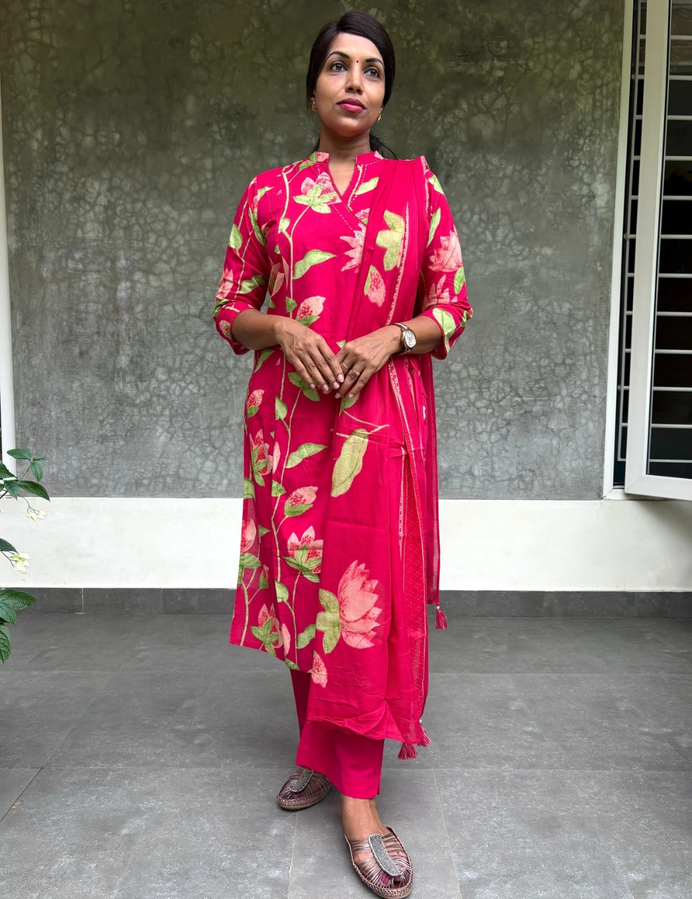 Floral Printed Cotton Angrakha Pattern Kurta Set - Reddish Pink