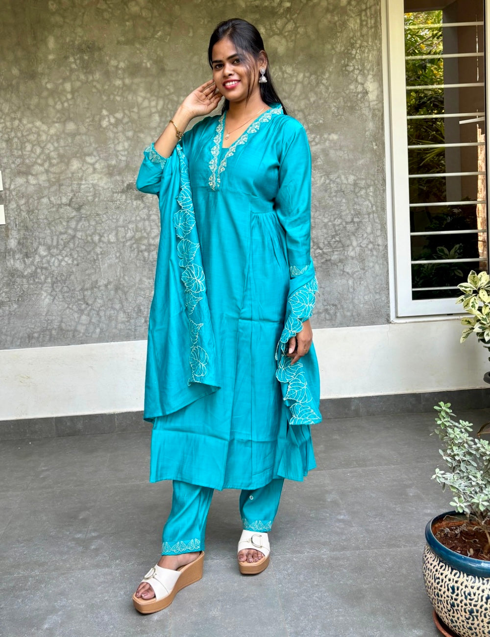 Muslin Silk Aline Designer Kurta Set with Cutwork Dupatta - Rama Blue
