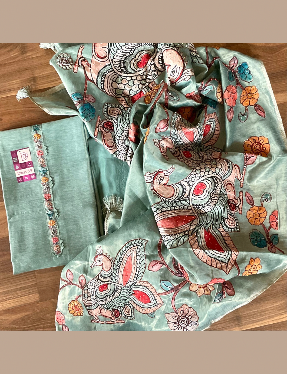 Tissue Silk Kalamkari Patchwork Designer Unstitched Salwar - Turquoise Blue