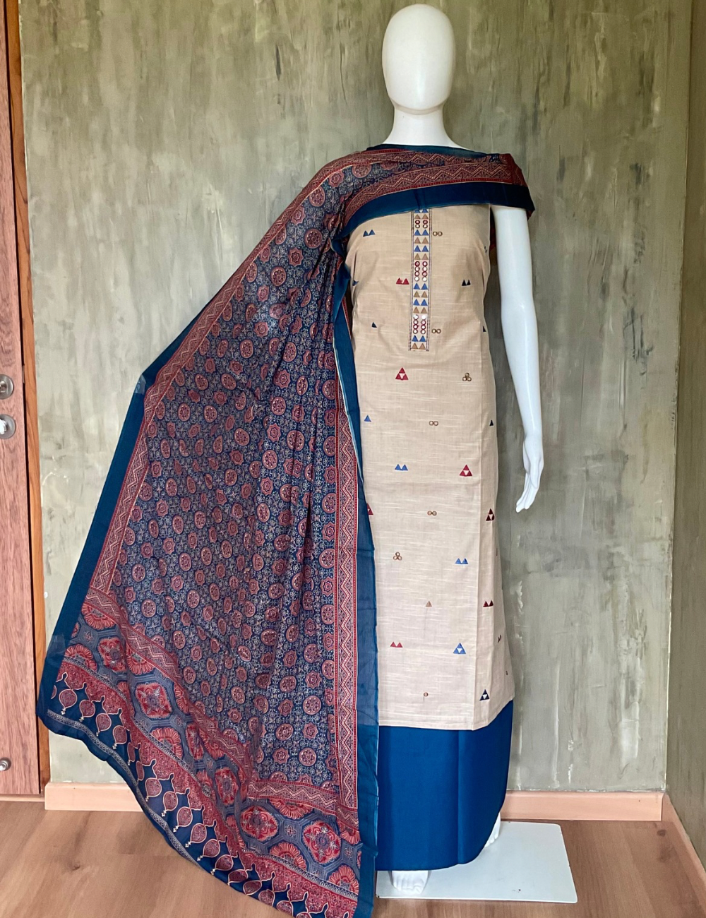 Khadhi Cotton Unstitched Salwar with Bandhini Cotton Dupatta -Beige