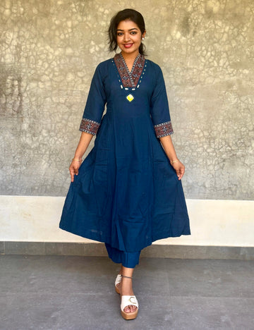 Mirror Worked Cotton Casual Kurta Set with Ajrakh Prints - Dark Blue
