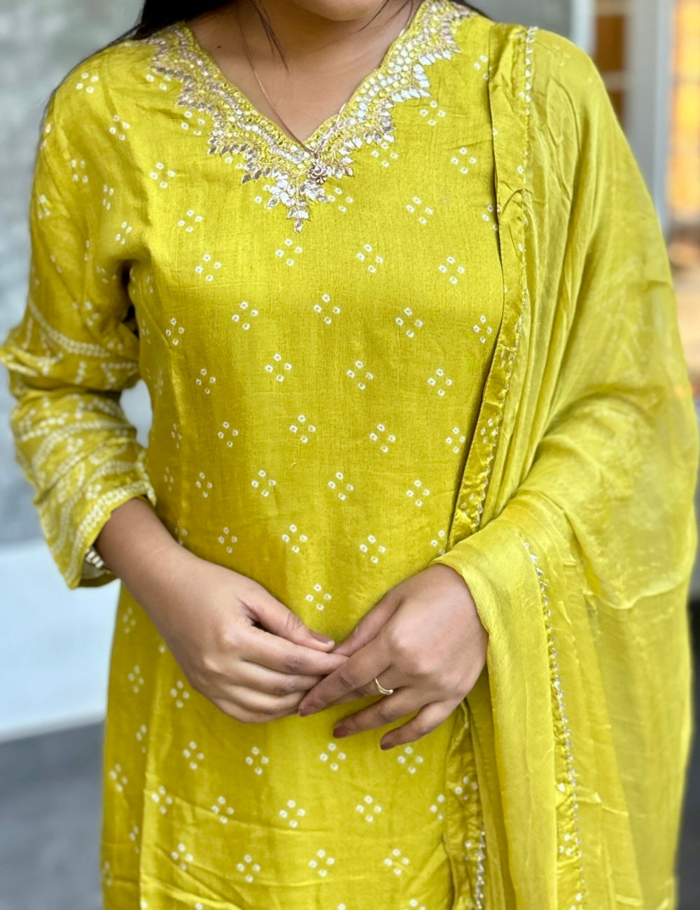 Bandhini Printed Organza Designer Kurta Set with Pretty Embellishments - Lime Green