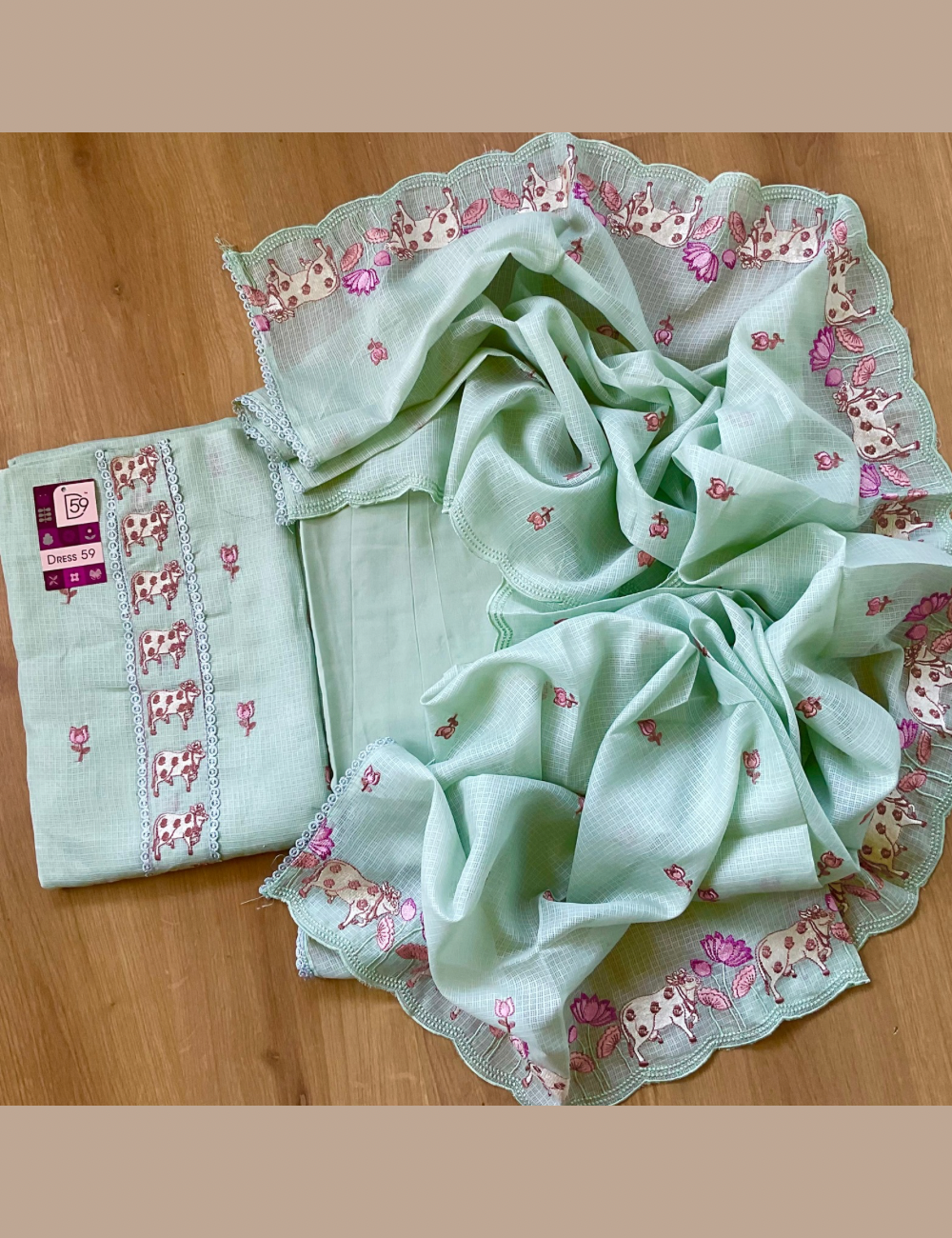 Kota Cotton Unstitched Salwar with Pitchwai Embroidery - Pastel green