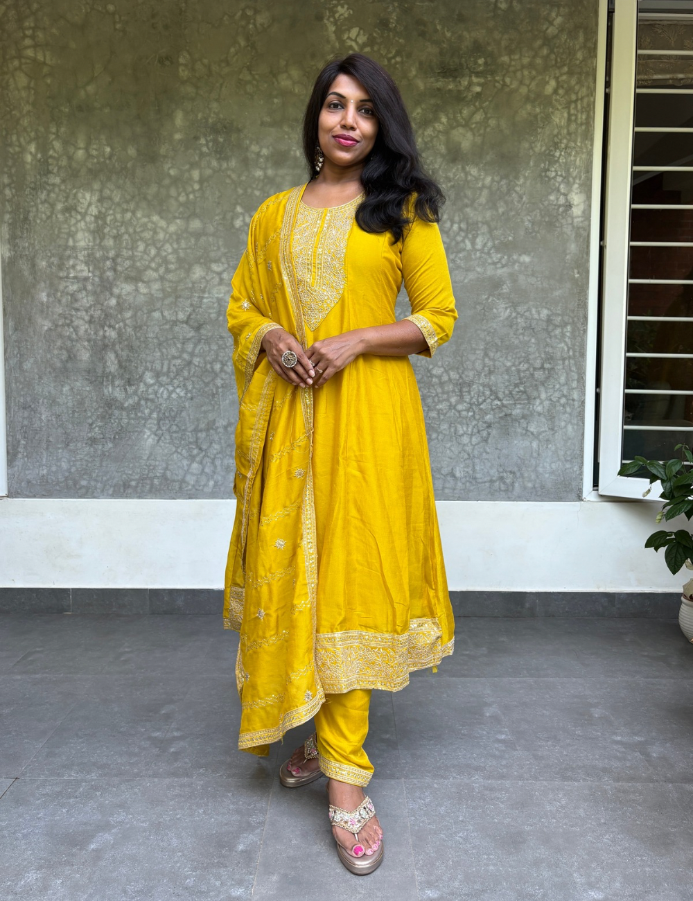 Dola Silk Embroidered Designer Aline Flaired Kurta Set - Yellow