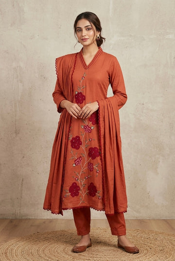 Mul Mul Cotton Floral Embroidered Kurta Set - Rust Orange