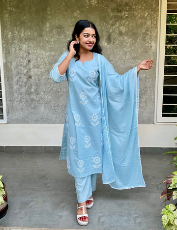 Floral Embroidered Cotton Straight Cut kurta Set - Blue