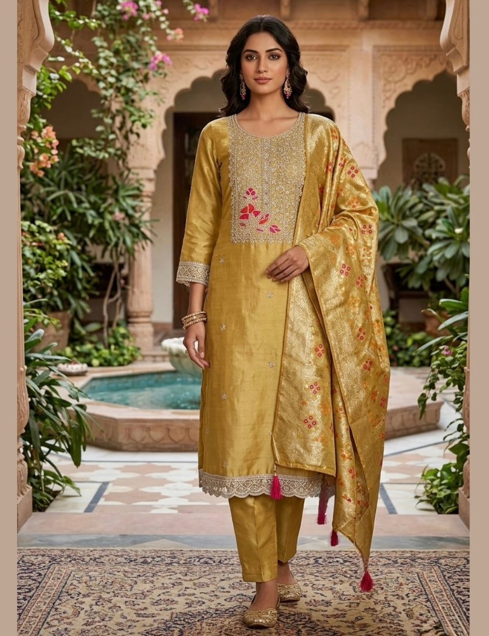 Dori Worked Tissue Silk Unstitched Salwar - Gold