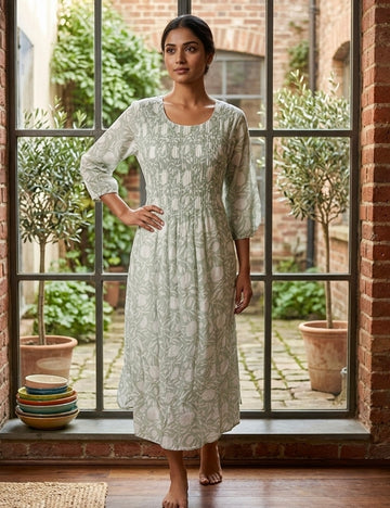 Mul Mul Cotton Printed Midi Style Dress - Pastel Green