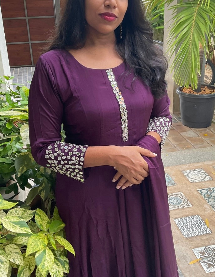 Chinon Silk Designer Kurta Set with Mirror Work and Bead Work - Wine Purple