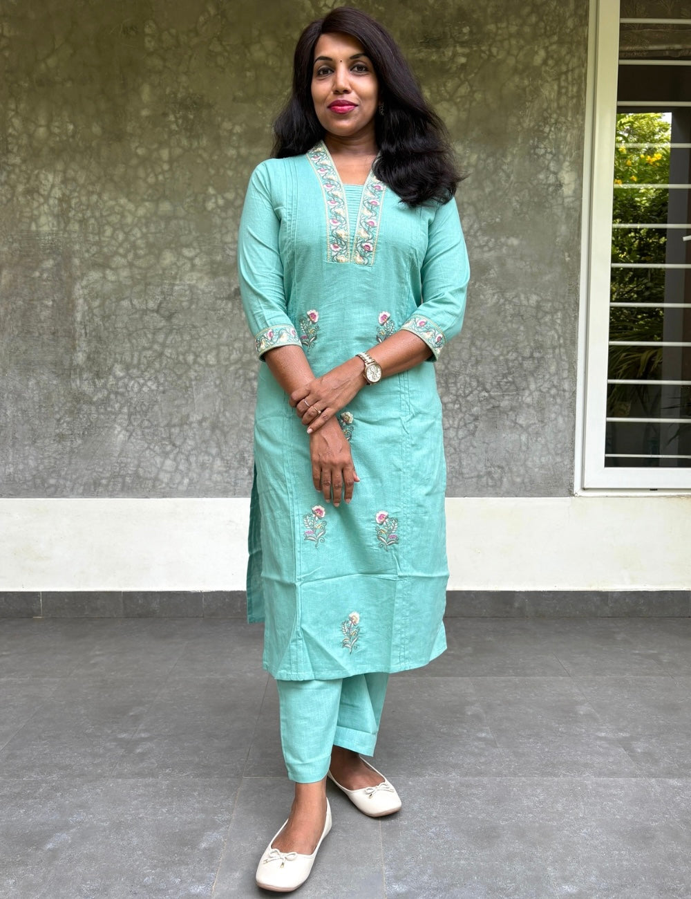 Cotton Embroidered Straight Cut Kurta Set - Cyan Blue