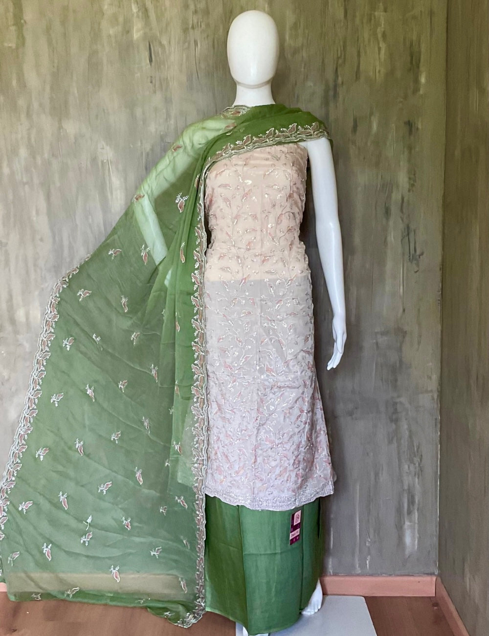 Muslin Silk Embellished Designer Unstitched Salwar - Beige with Green Combo
