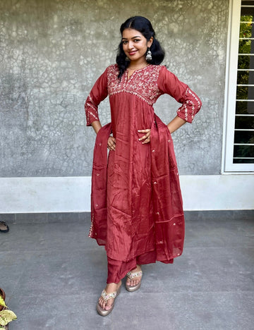 Chinon Silk Embroidered Designer Kurta Set - Brown