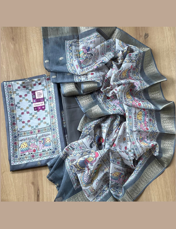 Soft Dola Silk Ethnic Printed Unstitched Salwar - Grey