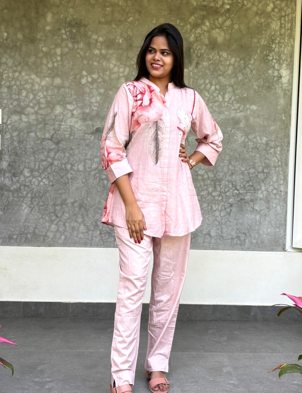 Linen Cotton Co-Ord Set with Pearl Work - Pastel Pink
