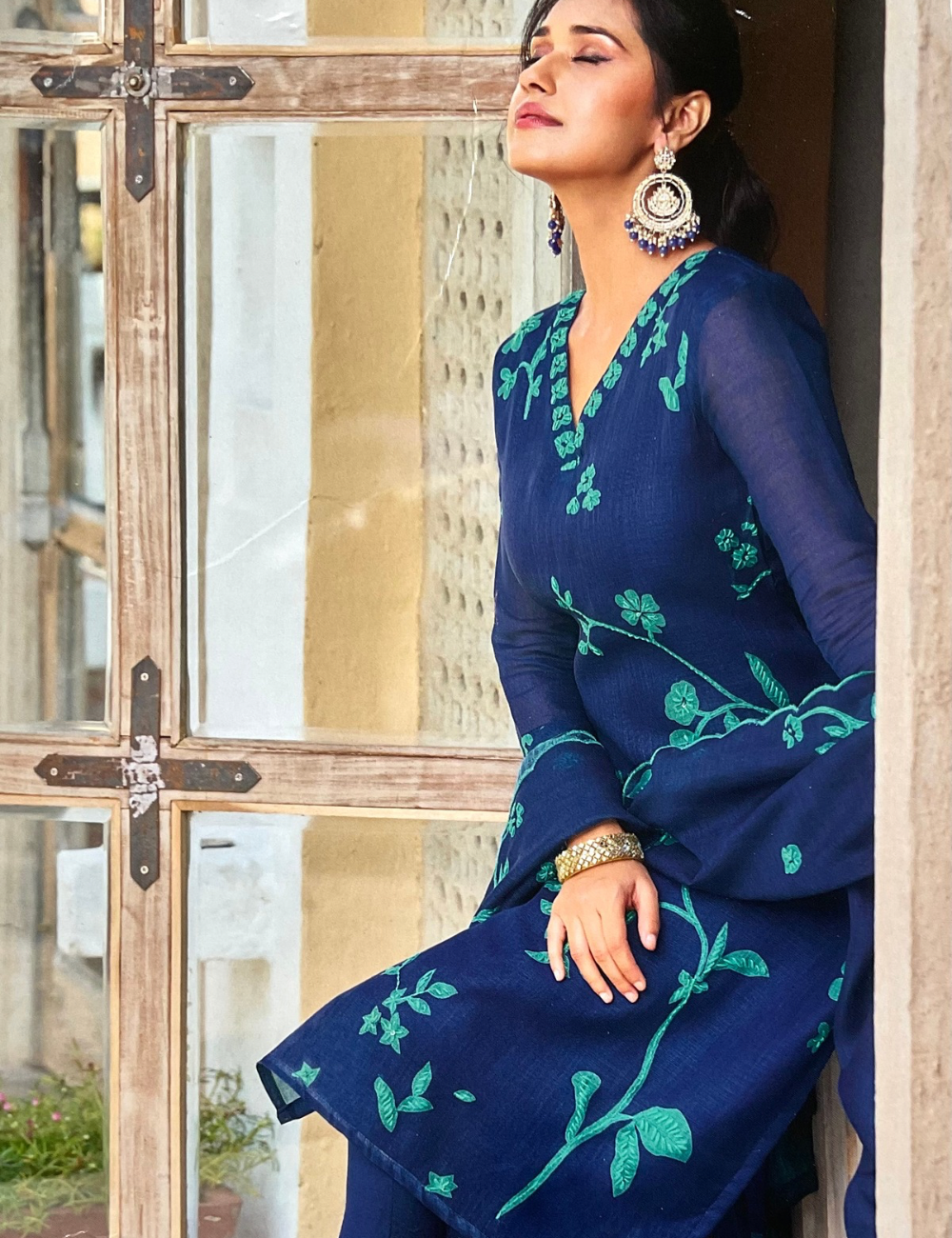 Linen Cotton French Knotted Unstitched Salwar - Dark Blue