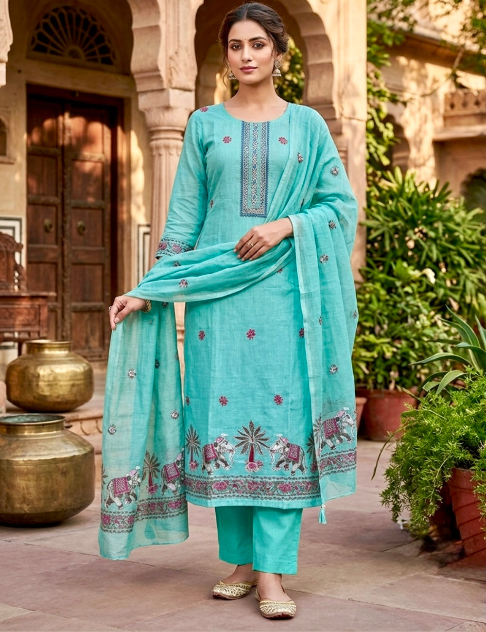 Jamdhani Cotton Designer Unstitched Salwar with Elephant Prints - Sea Green
