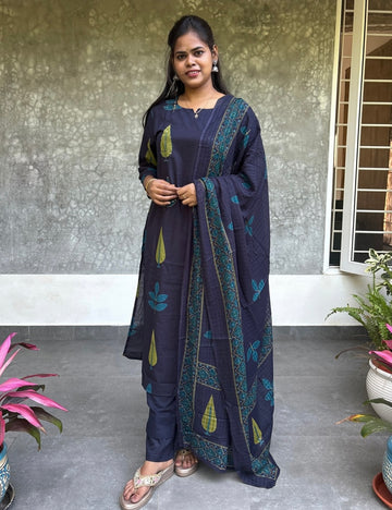 Leaf Printed Embroidered Cotton Kurta Set - Dark Blue