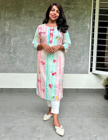 Soft Rayon Cotton Floral Printed Straight Cut Kurta - White