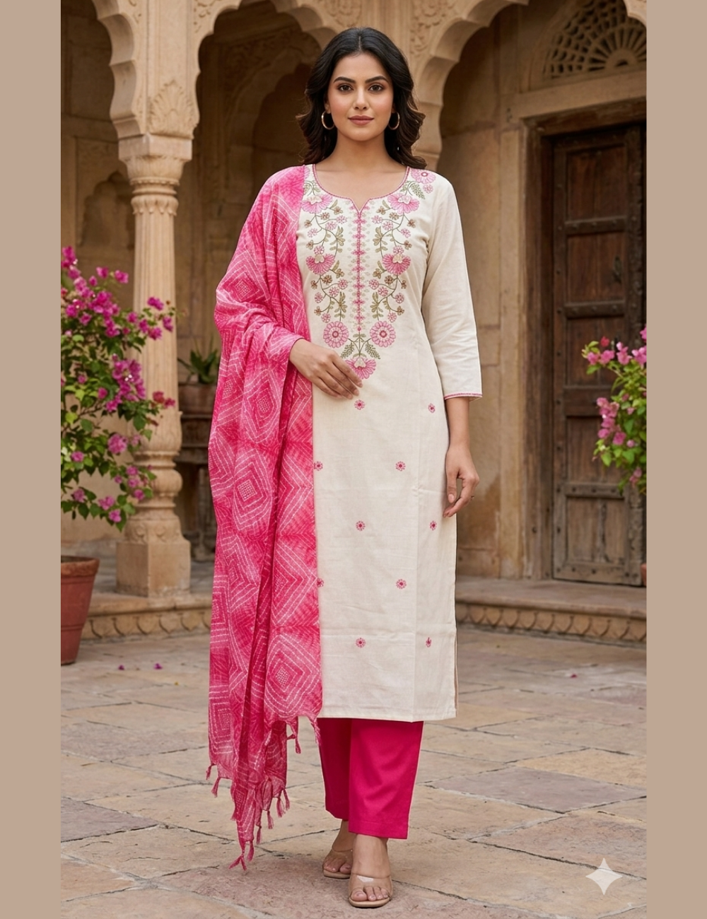 Floral Embroidered Khadi Cotton Unstitched Salwar - White