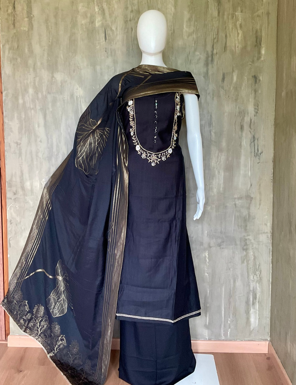 Soft Cotton Silk Embellished Designer Unstitched Salwar - Black