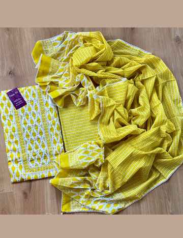 Hand Block Printed Cotton Unstitched Salwar - Yellow