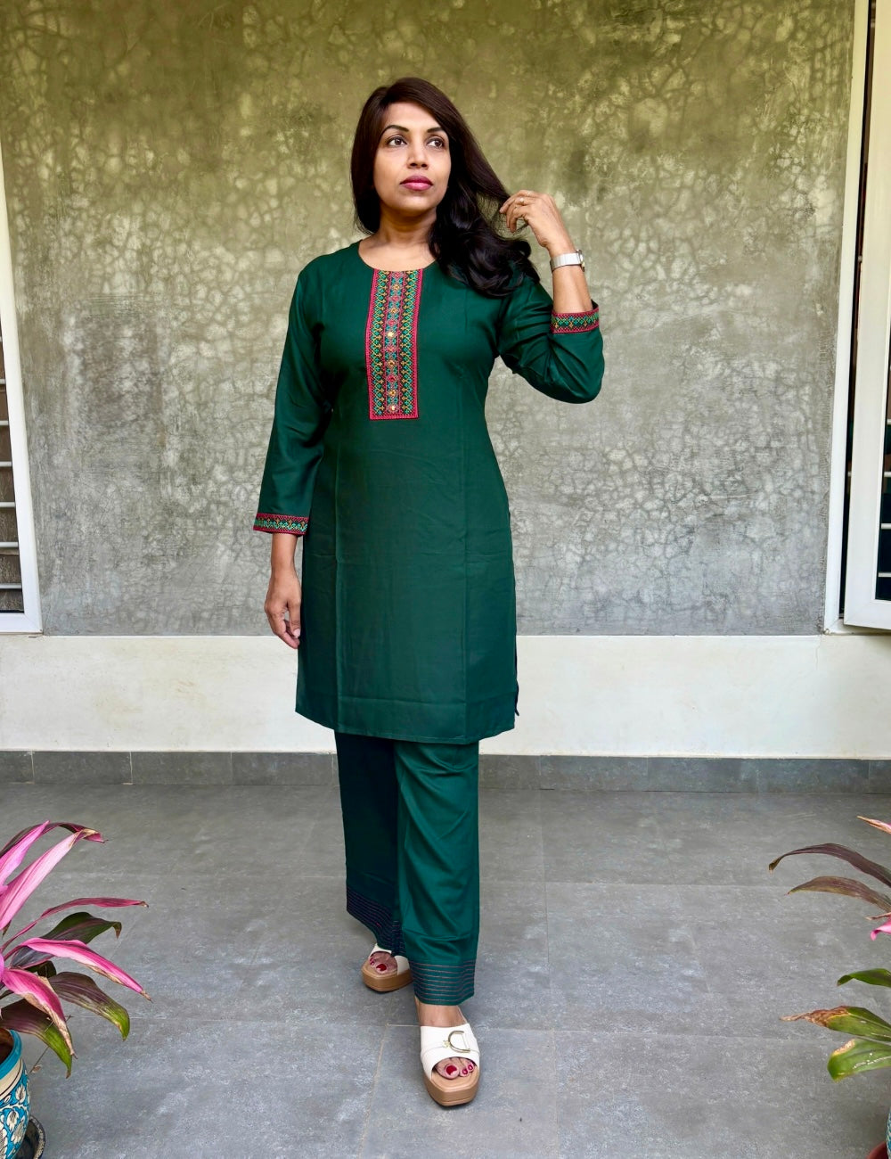 Rayon Cotton Everyday Wear Kurta Set - Bottle Green