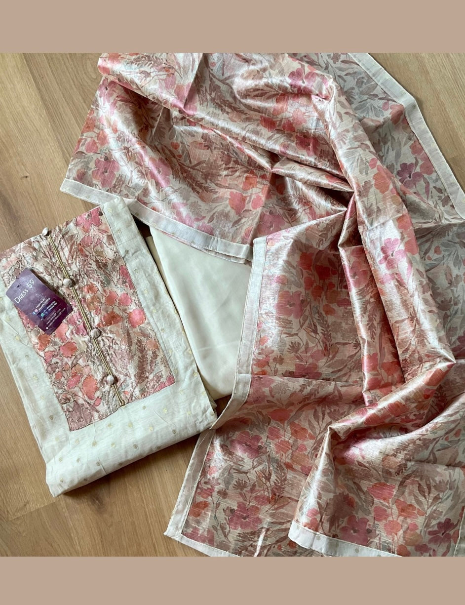 Onam Special Chanderi Silk Designer Unstitched Salwar - Off White