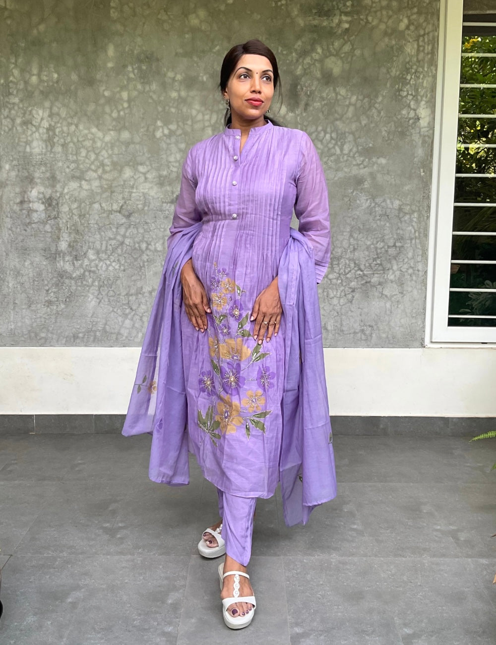 Designer Mul Chanderi A-Line Floral Printed Kurta Set - Lilac