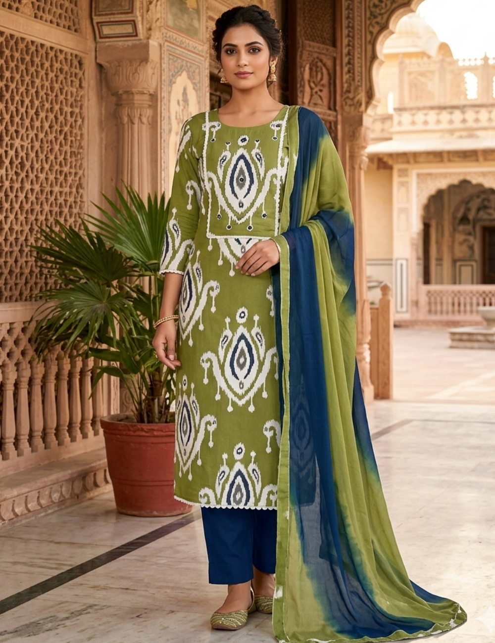 Ikat Printed Cotton Unstitched Salwar - Olive Green