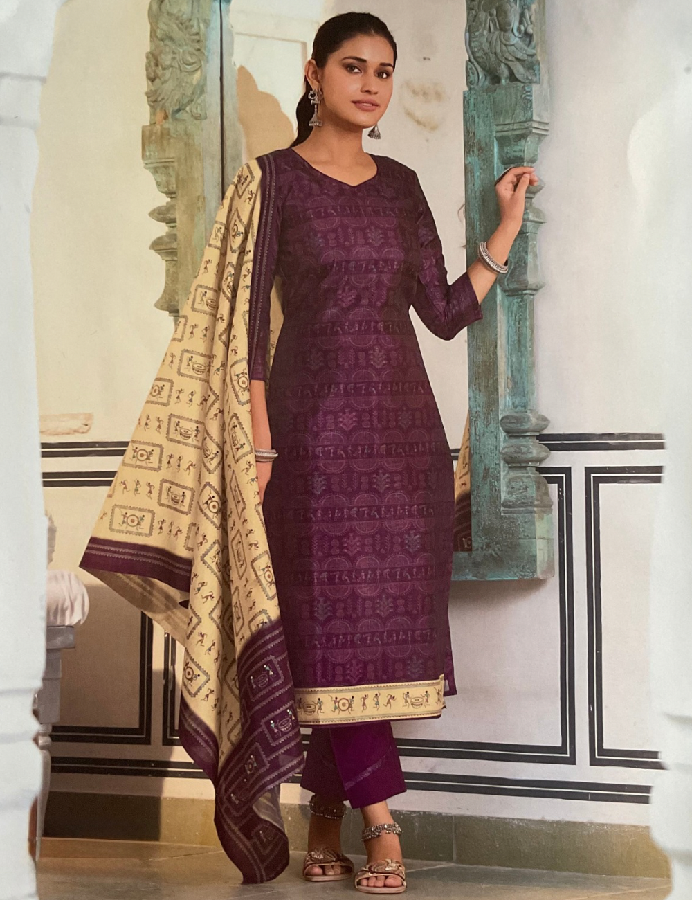 Soft Cotton Silk Tribal Art Printed Designer Unstitched Salwar - Dark Purple