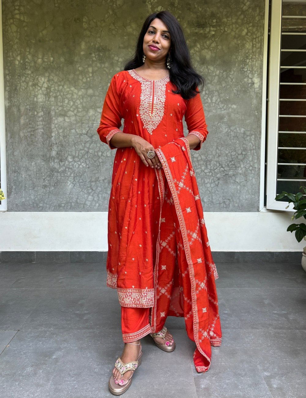 Dola Silk Embroidered Flaired Aline Kurta Set - Orange