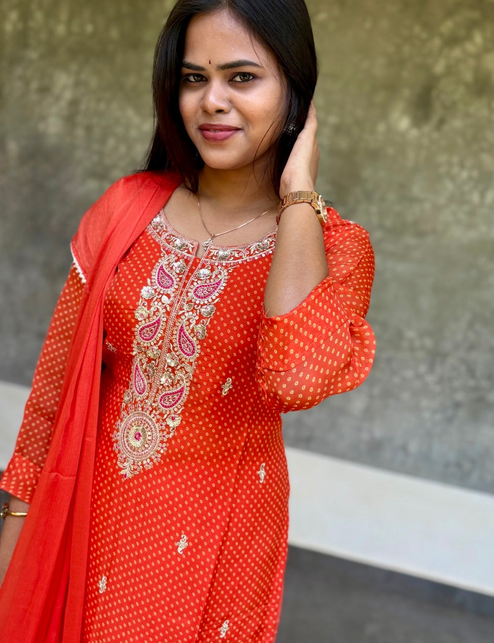 Bandhini Printed Organza Designer Kurta Set with Pretty Embellishments - Orange