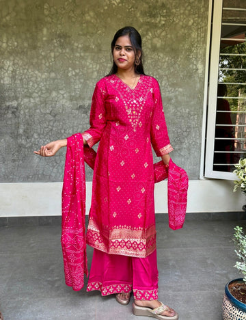 Bandhini Muslin Silk Designer Gota Worked Kurta Set with Palazzo Bottom - Rani Pink