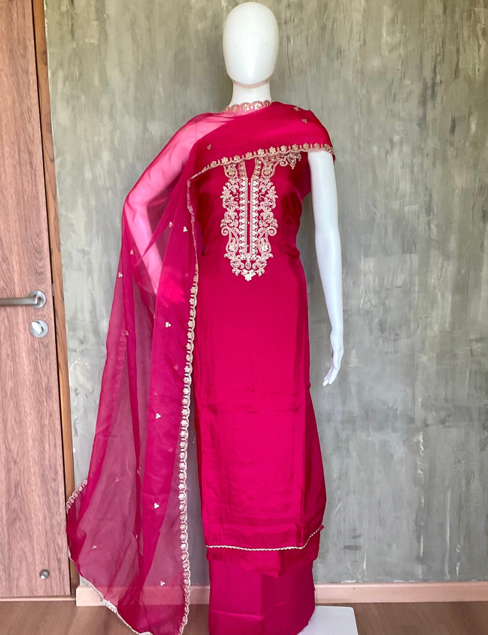 Embellished Muslin Silk Designer Unstitched Salwar - Reddish Pink