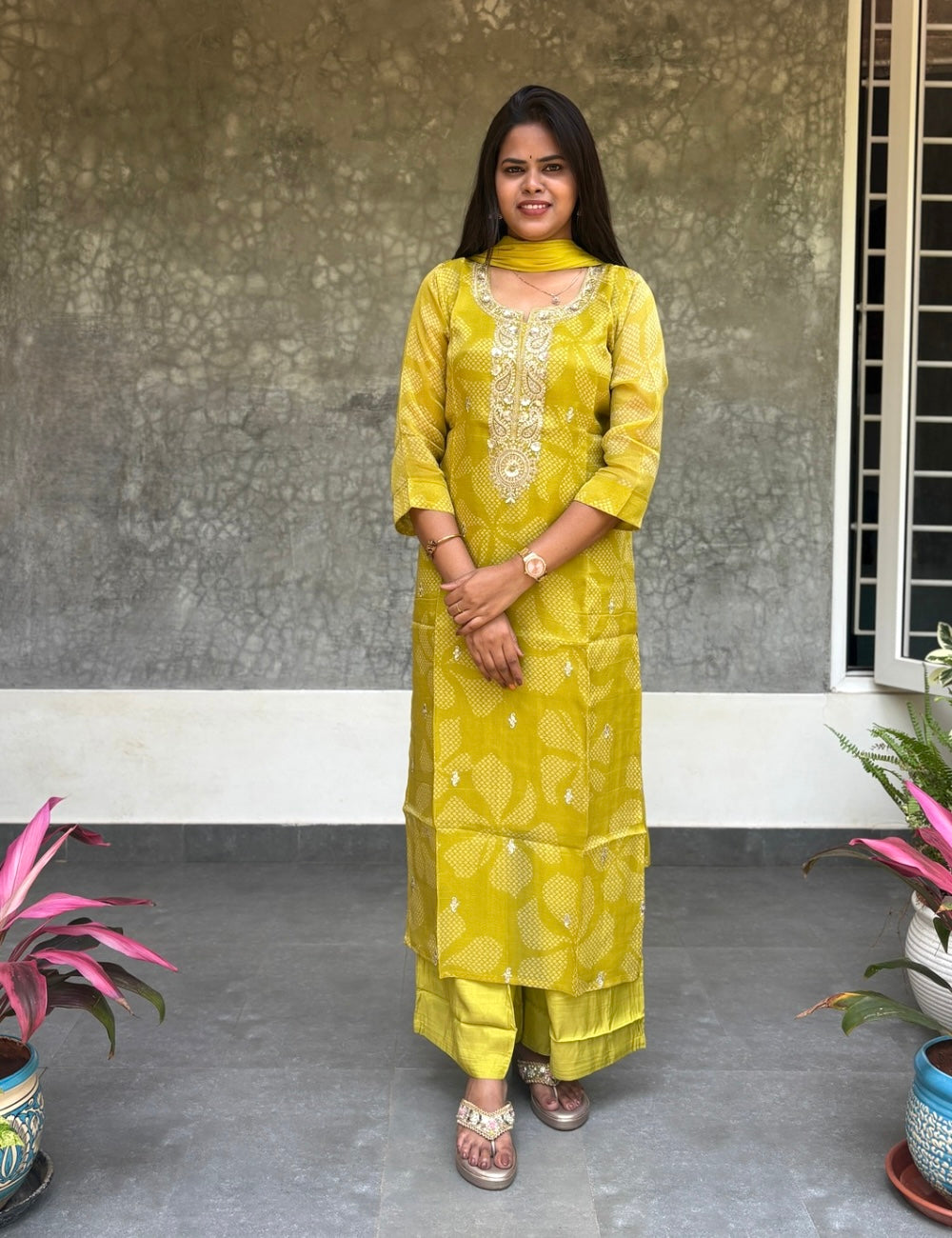 Bandhini Printed Organza Designer Kurta Set with Pretty Embellishments - Lime Green