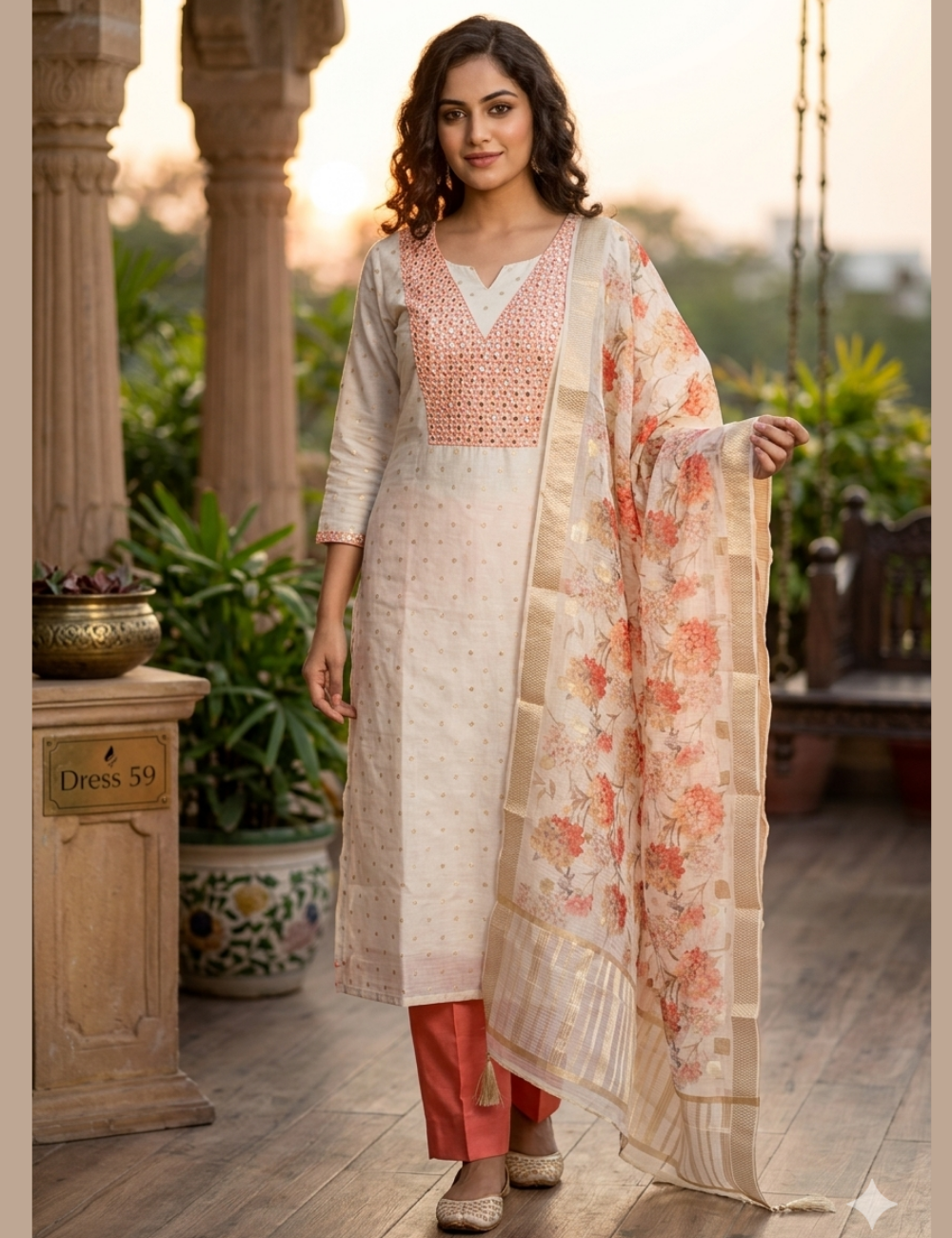 Khadhi Cotton Silk Unstitched Salwar with Floral Work - Off White